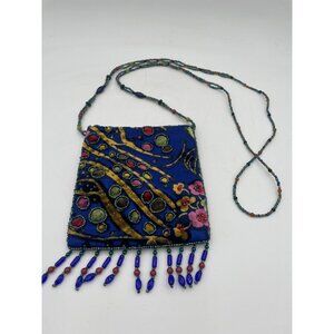 Beaded Velvet Evening Bag With Blue & Multicolor Floral Embroidery Zipper Closur